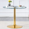 A 35-inch diameter glass top and a modern, minimalist round dining table with gold metal legs. Ideal for dining rooms, living rooms and meeting rooms.