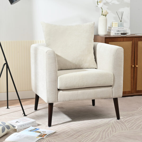 LP Modern Chenille Accent Chair, Upholstered Armchair for Living Room ,Mid Century Fabric Lounge Chair w/ Pillow, Comfortable Reading Chair with Wood Legs for Living Room, Bedroom,Reception Room (Beige)