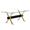 Table and chair set.Elegant Transparent Tempered Glass Dining Set - 71"x35.4" with 8 Light Gray PU Chairs with golden C-tube metal leg.X-shaped Golden Metal Table Legs,Black Textured MDF Crossbeam.