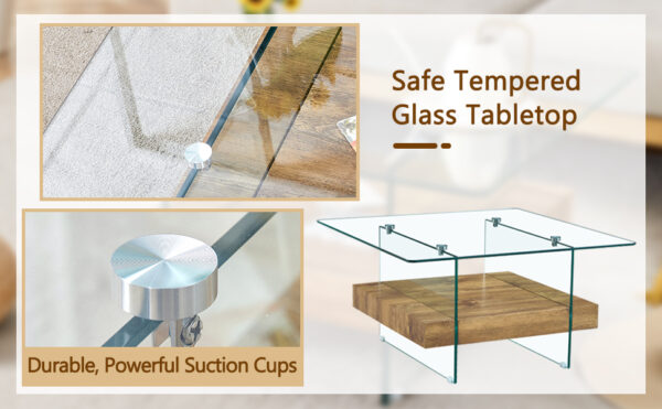 06b081cbb2e54224b348d837ba98a4bd_f98d0383d2fb2e73f090520818afdbe0 31.4 Inch Modern Two-Tier Square Coffee Table -An Elegant Combination of Clear Glass and Light Wood Texture Sticker.It can be used not only as a coffee table but also as a side table or display stand.