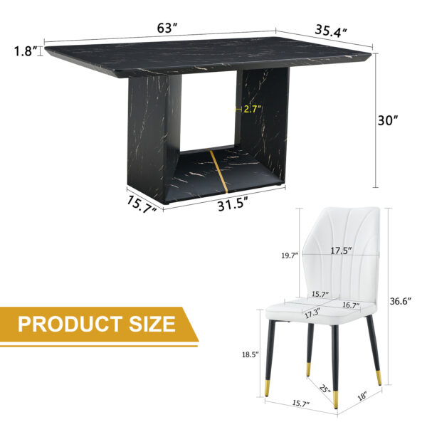 Table and chair set.Black Marble Pattern MDF Dining Set - 63"x35.4" with 4 White PU Chairs With a Widened Backrest Design.Giving you a luxurious feel.