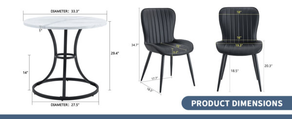 06d04159635241a8ba4649501a9924d7_c607eeefe5dc9dc38fedd3c4cc6c1b86 Table and chair set.A Modern Minimalist Circular Dining Table With A Diameter Of 33.3 Inches.Paired With 4 Black Minimalist Ergonomic PU Dining Chairs With Extended And Curved Seat Cushions.