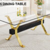 Dining table. Modern tempered glass dining table. Large modern office desk with gold metal legs and MDF crossbars, suitable for home and office use. Kitchen .71 ''x35.4''x30 '' 1105