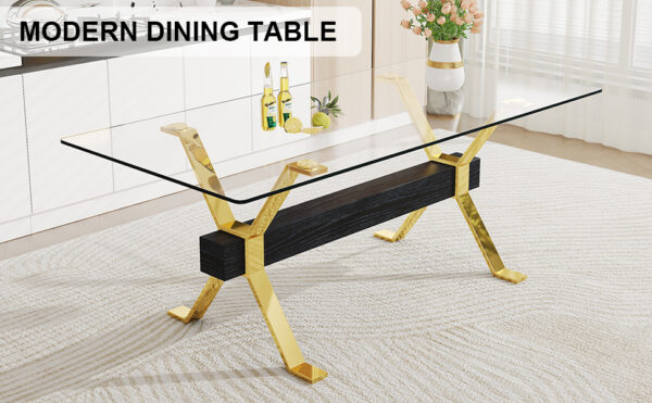 06f7227ffeeb464c91d98d6ff3dea917_5bc51bc2b73ebfff4b06cc70fbce9554 Dining table. Modern tempered glass dining table. Large modern office desk with gold metal legs and MDF crossbars, suitable for home and office use. Kitchen .71 ''x35.4''x30 '' 1105