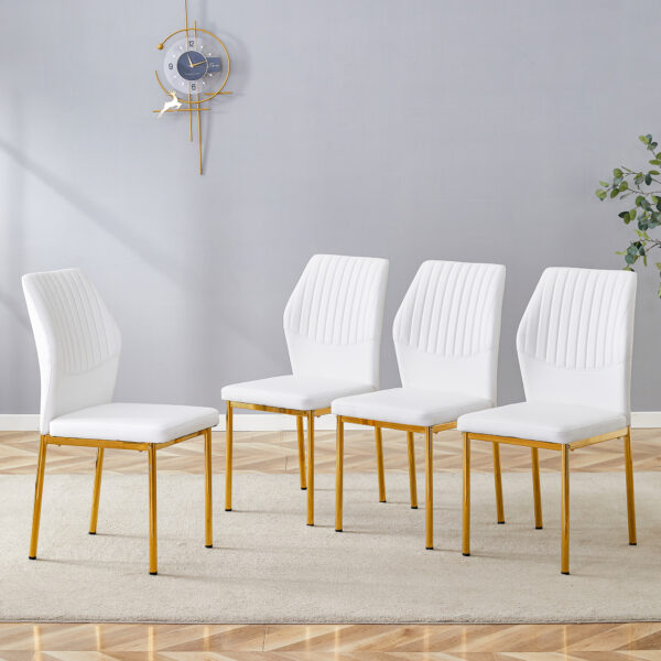 06fc7d5619154d888482c8b007a54c0b_711b39ca0c884940eb9d749b3bd519de Luxury Simple Chair - Set of 4 White PU Material High Resilience Dining Chair with Metal Gold Leg.The Chair Back Has a Vertical Stripe Design With Smooth And Uniform Lines.