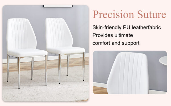 07239db1383f499097c852919bd0b178_9c6188c417da286cf7b7b7ab207ce900 Set of Four White PU Comfort Dining Chairs (17.7"x25").Dining chair with extended backrest,WHITE PU,Silver metal legs,Suitable for various places such as family restaurants, hotels, coffee shops,etc.