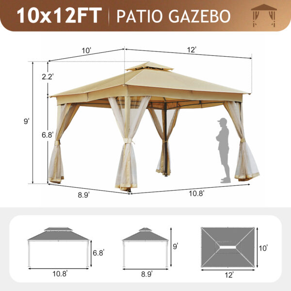 TREXM 10x12 Outdoor Gazebo Tent with Double Roofs, Patio Gazebo with Mosquito Netting, Patio Canopy for Backyard, Garden, Lawn and Deck (Beige)