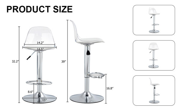 0739e54192f04aacb2955c3931023ee7_1df992c1fa9dc279650cf2c036d806a3 Modern minimalist bar chairs and bar stools. Can rotate 360 ° and adjust lifting. PET backrest and PU seats. Set of 2. Suitable for bars, restaurants, and front desk cashiers. W1151P172644