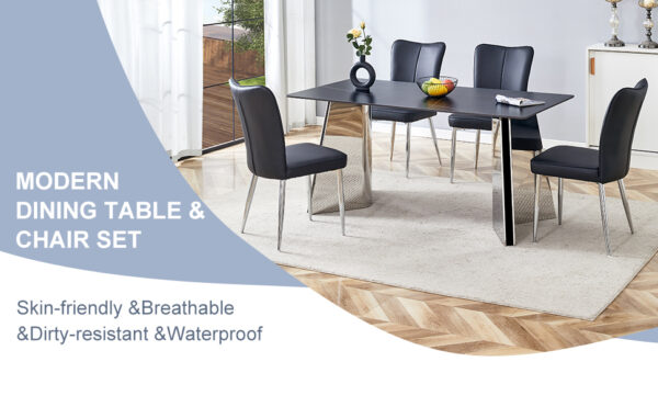 073d08b266494887a1b5266890edf607_0bb9b45210c365365e91a48e240100db Table and chair set.63"x31.5x30" Black Marble-Patterned Slabs Tabletop with Stainless Steel Butterfly Legs.Paired with 4 Black PU dining chairs with a vertical stripe design on the backrest.