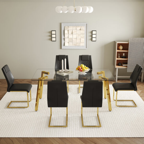07a7e2df778d4e628b684508c12cf741_868f1fb359673ba956d4df776717c454 Table and chair set.71 * 35.4 inch rectangular dining table.Tempered Glass Tabletop,Golden 7-shaped Metal Table Legs.Paried With 6 Black High-quality PU Chairs With Arched Metal Legs.W1151S03301