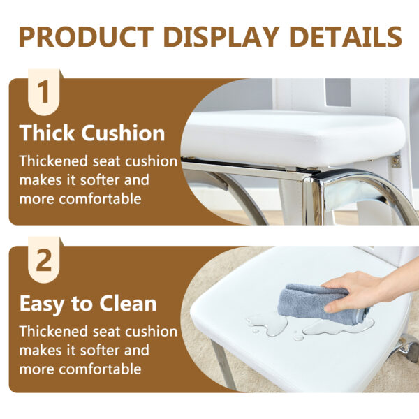 07ad9dfafb594ceb99f74bd1721867f6_d2a99f21fee9c7feb944f3d3ced706a4 Table and chair set.63"*35.4" White Imitation Marble Pattern MDF Dining Table Set - 4 PU Chair With White Saddleback, Geometric Pattern Backrest,Silver Curved Metal Leg.Suitable For Various Scenes.