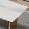 Table and chair set.The table has a glass tabletop with imitation marble pattern stickers and stainless steel golden table legs. Paried with comfortable chairs with PU seats and metal legs.
