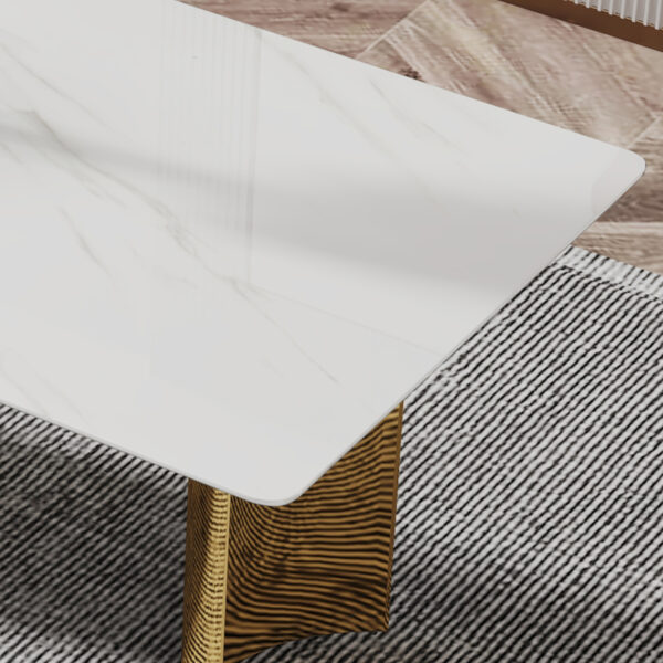 07dc12f7b55245a8a960c94e4e221ed4_39dcd7ce74eb1c2f1693d6bdfe071744 Table and chair set.The table has a glass tabletop with imitation marble pattern stickers and stainless steel golden table legs. Paried with comfortable chairs with PU seats and metal legs.