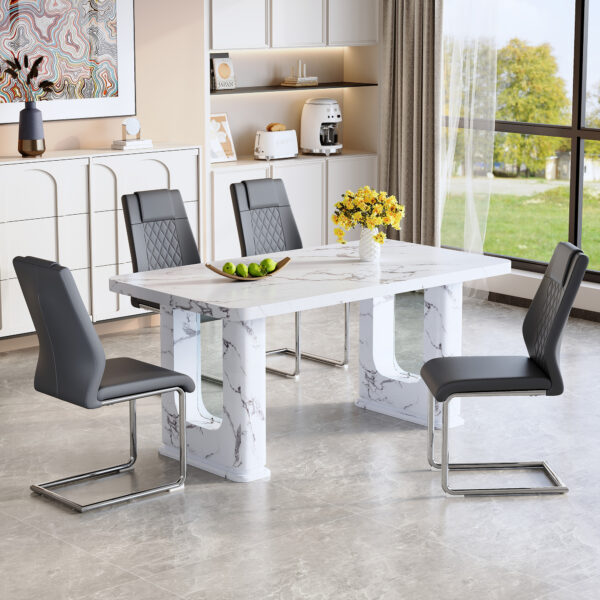 080d181627a94c5fb2b42f144919556b_610f1678b1b7564fae41c76e71cb22f7 Table and chair set.64.5 x 35.4 Inch Stylish White Marble Textured Dining Table,Perfectly Blending Simplicity And Transparency.Paried With 4 Dark Gray High-quality PU Chairs With Arched Metal Legs.