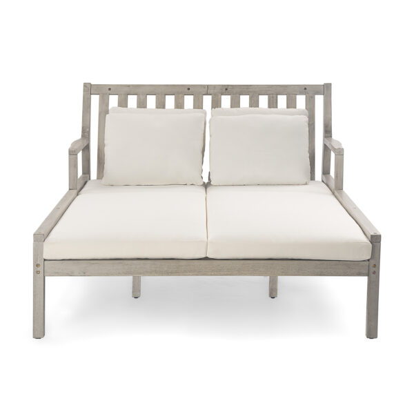 TREXM Outdoor Daybed, Patio Daybed with Four Pillows, Wooden Outdoor Bed with Curved Armrests for Poolside, Backyard, Garden (Gray+Beige Cushion)