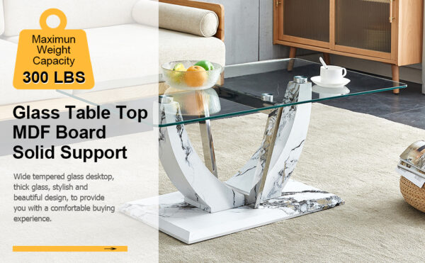 081a18b3aa234d66824f66befd6a5296_20240206_f26235cf4d6bedc8e3bcacab7b032c29 Modern minimalist transparent tempered glass coffee table with marble patterned MDF legs and stainless steel decorative columns. Computer desk. Game table. CT-907