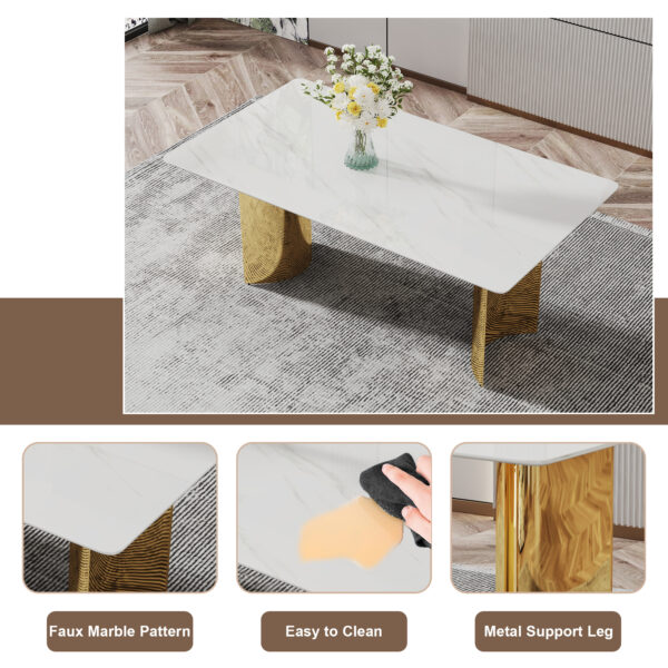 082d514bb3d34f088cc7e92044cd355e_b7759b51a7d5c5cf56a567402ad92681 Table and chair set.The table has a glass tabletop with imitation marble pattern stickers and stainless steel golden table legs. Paried with comfortable chairs with PU seats and metal legs.