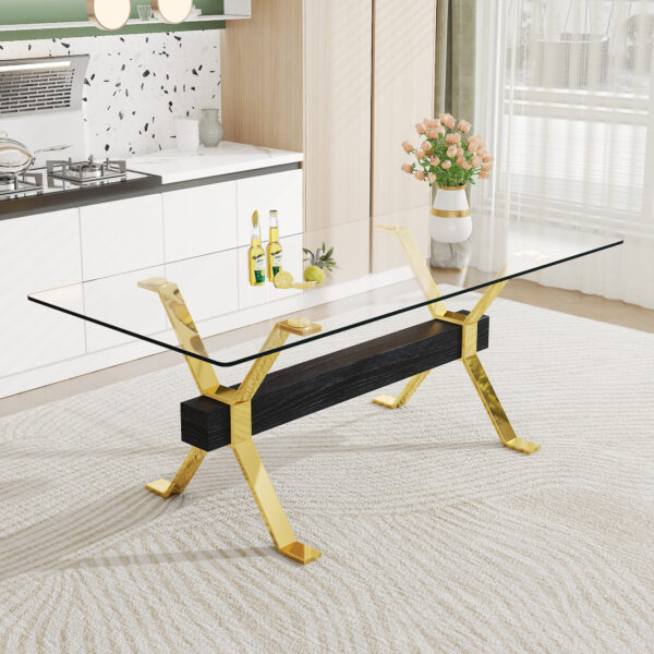 08500db9e0904446bffbe28d3b688ed2_cfadb6fc3b960d309977321bb1cfa996 Dining table. Modern tempered glass dining table. Large modern office desk with gold metal legs and MDF crossbars, suitable for home and office use. Kitchen .71 ''x35.4''x30 '' 1105
