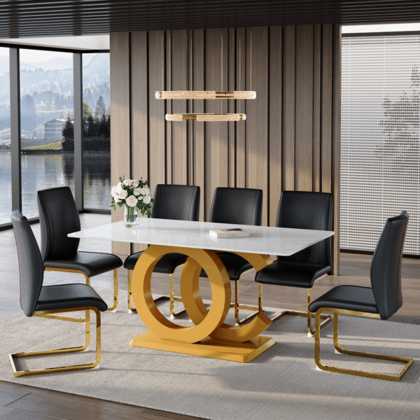 0850c1aa2944470e9bede1d88bde0f77_280afa2a97837d94e27396c9ad93abbc Table and chair set.Subtle Luxury Tempered Glass Dining Set - 63"x35.4" with 6 Black PU Material High Resilience Dining Chairs.Arched Metal Gold Leg.White imitation marble texture sticker Tabletop.