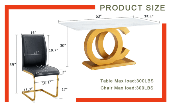 086558bdd8ad43b8a72ee6b2ce764900_072f03587e010db5b292180008259c0a Table and chair set.Subtle Luxury Tempered Glass Dining Set - 63"x35.4" with 6 Black PU Material High Resilience Dining Chairs.Arched Metal Gold Leg.White imitation marble texture sticker Tabletop.
