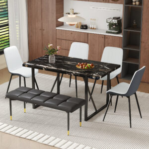 Table and chair set.Modern Black Marble Pattern MDF Dining Table Set - 55"x31.4" with 4 Extended Seat Cushion PU Dining Chairs and 1 Bench,A Choice of Subtle Luxury for Modern Homes.