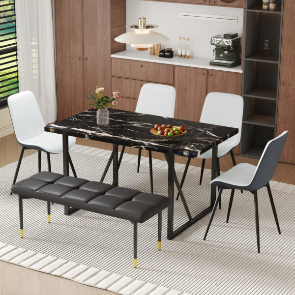 0874c99fa3cd48fa9947edb16f07143f_6bfb720a72b5fb5fdfd0893e16c9363c Table and chair set.Modern Black Marble Pattern MDF Dining Table Set - 55"x31.4" with 4 Extended Seat Cushion PU Dining Chairs and 1 Bench,A Choice of Subtle Luxury for Modern Homes.