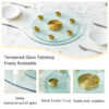 Double layer rotatable round glass.Golden aluminum plate,The rotatable design makes it convenient to retrieve and place items.The upper glass has a diameter of 20 inches,the lower glass15 inches.