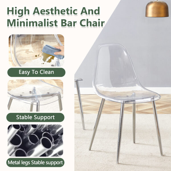 0883be6ee22e4d9bb94917fac4e30691_3cb04b4b29339bf887e2cfbf63ea6d18 Transparent and stylish ergonomic dining chair unlocks a new experience of lightweight fashion, comfort, and stability. Transparent seat cushion, silver metal legs. One box of three.
