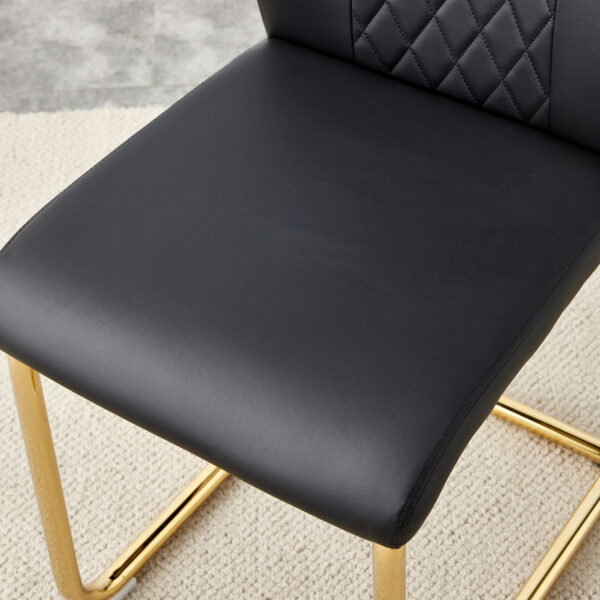089746e95809437ab5eff5cf580cff15_f38f97fa5da1776d2166f321b0a4cf46 Table and chair set.The table has a glass tabletop with imitation marble pattern stickers and stainless steel golden table legs. Paried with comfortable chairs with PU seats and metal legs.