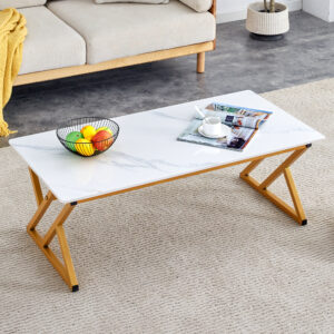 A coffee table made of rock slab material, with a smooth and natural surface that complements the modern design of the golden metal legs, making it suitable for living rooms of all sizes.47*23.6