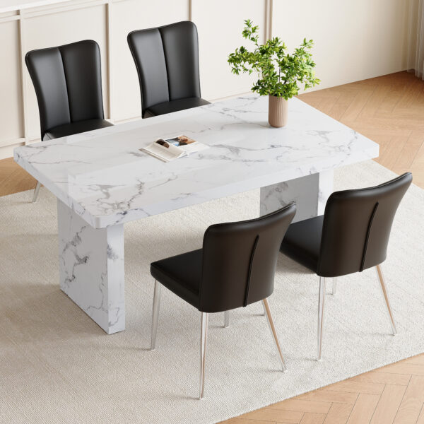 08b2733211f8411a969b2e4d41c5f595_7e0f4d4326dfd17ab975cb65e8f88fb3 Table and chair set.63"*35.4" White Imitation Marble Pattern MDF Dining Table Set - 4 Black PU Chairs with a vertical stripe design on the backrest.Create Your Exclusive Low-Key Luxury Space.