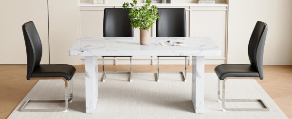 08b4424c1bf74d99afa3759c6fd7880d_c708950975d0c4793f816d2d36642d88 Table and chair set.63"*35.4" White Imitation Marble Pattern MDF Dining Table Set - 4 Soft and Comfortable Black PU Chair With Arched Metal Silver Leg.Create Your Exclusive Low-Key Luxury Space.