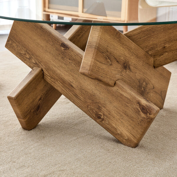 Circular glass coffee table, 33.4-inch modern and distinctive design tea table. Tempered glass countertop, wood colored MDF table legs. Suitable for living rooms and farmhouses