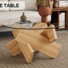 Circular glass coffee table, 33.4-inch modern and distinctive design tea table. Tempered glass countertop, wood colored MDF table legs. Suitable for living rooms and farmhouses