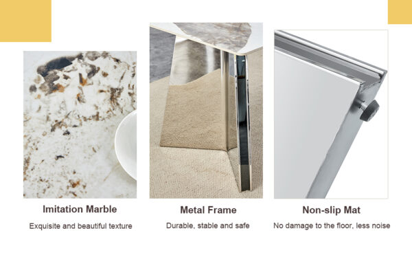 090727fb4b84452ebeec9cd3ecc7e4fe_bdf30504abef5d2aacaa51102c36d32a Table and chair set.63"x31.5x30" Luxurious Pandora patterned Sintered Stone Tabletop with Silver Stainless Steel Butterfly Legs.Paried With 4 Dark Gray High-quality PU Chairs With Arched Metal Legs.