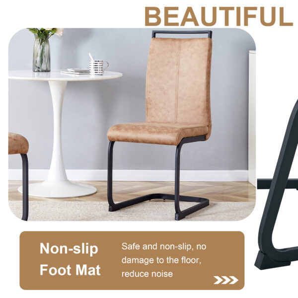 0909b39bdcd04cb78791ee47e35f9597_1d151aaba0ed410d27a839131ed764a4 Table and chair set.67"x36" Wood-Textured MDF Dining Table Set with 6 Brown Fabric Chairs.MDF sticker,Wood colored texture sticker,Black C-tube dining chair legs,Suitable for kitchen,Dining room,etc.