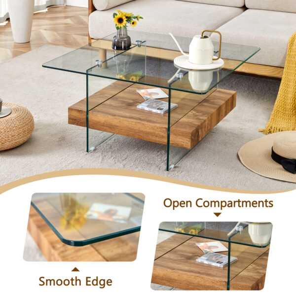 092df5d6c24e4b36984fc745c7bbcb57_97e059d8f13da561bfed463282f1bfe5 31.4 Inch Modern Two-Tier Square Coffee Table -An Elegant Combination of Clear Glass and Light Wood Texture Sticker.It can be used not only as a coffee table but also as a side table or display stand.