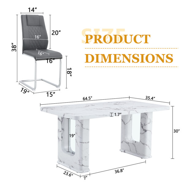 09353864f011495c9ff053000477e7b6_f74a4e6f43a19e09328feb5dd39bcb27 Table and chair set.64.5 x 35.4 Inch Stylish White Marble Textured Dining Table,Perfectly Blending Simplicity And Transparency.Paried With 4 Dark Gray High-quality PU Chairs With Arched Metal Legs.