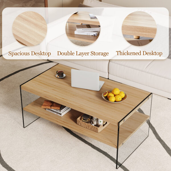 Double layered rectangular coffee table.The board is made of MDF with wooden stickers, with transparent tempered glass on both side.Suitable for various occasions such as living rooms and bedrooms.