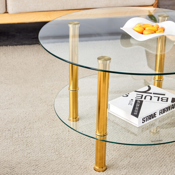 0980bc89738f42bfac9e1d73c506e5c5_f2f69e4026ddfbe9dbb33ed9bb7a72e8 Contemporary Minimalist Double Layer Tempered Glass Coffee Table - 27.5" Top and 23.6" Bottom.Reinforced Glass Tabletop,Stainless Steel Gold Plated Legs.