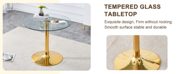 098749a966cf475dbbf76b4003335199_997632697ecd4a14005277d275591a2e A 35-inch diameter glass top and a modern, minimalist round dining table with gold metal legs. Ideal for dining rooms, living rooms and meeting rooms.