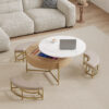 Modern Round Lift-Top Coffee Table with Storage & 3 Ottoman White & Natural