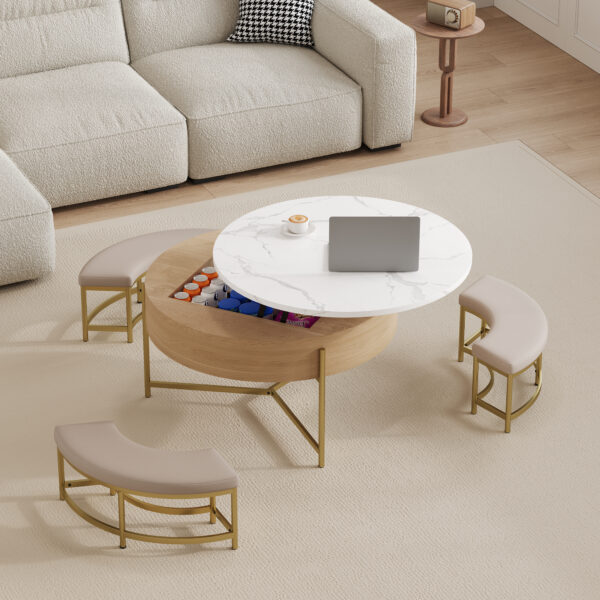 Modern Round Lift-Top Coffee Table with Storage & 3 Ottoman White & Natural