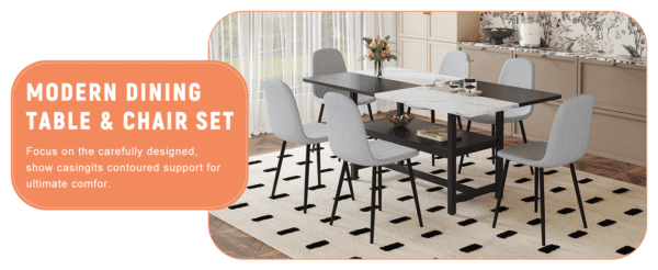 Table and chair set.71*35.4 inch White And Black Spliced Dining Table With Storage Function In The Middle Of The Table Legs.Paired With 6 Light Gray Linen Fabric Chairs.