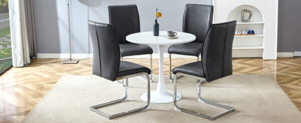 09c528dd7bfb4149845b3321b6c2be82_b66f1d8f60b49a674d4600bced934811 Table and chair set.Hourglass-Shaped Stable Small Round Table -31.9" * 31.9" With 4 Soft and Comfortable Dark Gray PU Chair With Arched Metal Silver Leg.Create Your Exclusive Low-Key Luxury Space.