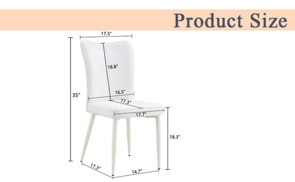 Modern minimalist dining chair, white PU leather curved back and seat cushion, white metal chair legs, suitable for dining room, bedroom, living room.  A set of 2 chairs.  008