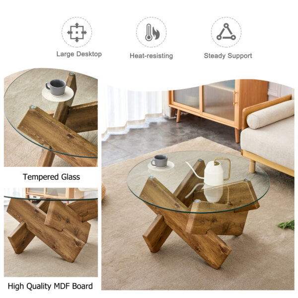 Circular glass coffee table, 33.4-inch modern and distinctive design tea table. Tempered glass countertop, wood colored MDF table legs. Suitable for living rooms and farmhouses