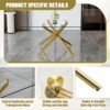 Table and chair set.Modern Luxurious Transparent Tempered Glass Dining Table Set with 6 Chairs.Single Fork Golden Metal Table Legs.Black high-quality PU dining chairs with golden metal legs.