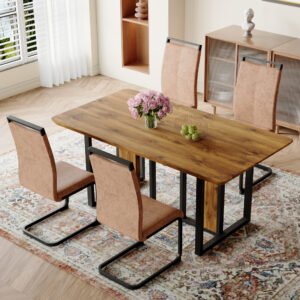 Table and chair set.67"x36" Wood-Textured MDF Dining Table Set with 4 Brown Fabric Chairs.MDF sticker,Wood colored texture sticker,Black C-tube dining chair legs,Suitable for kitchen,Dining room,etc.