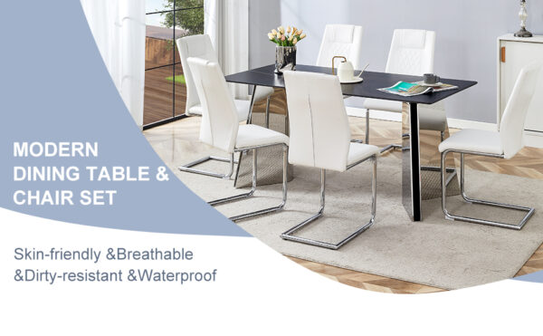 0a003b6f21104feb9cfa26e8a7f4af0e_d584942970458e7d8a95d5839c4c9236 Table and chair set.63"x31.5x30" Black Marble-Patterned Slabs Tabletop with Stainless Steel Butterfly Legs.Paried with 6 White high-quality PU chairs with silver metal legs.